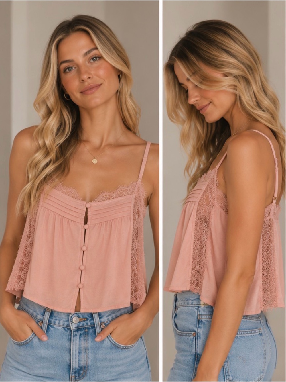 Free People Pink Lace-Trim Button Cropped Cami